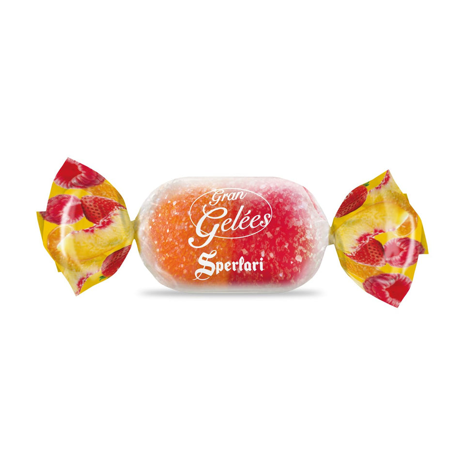 Sperlari Gran Duetto orange-peach-raspberry jelly close-up, gluten-free indulgence.