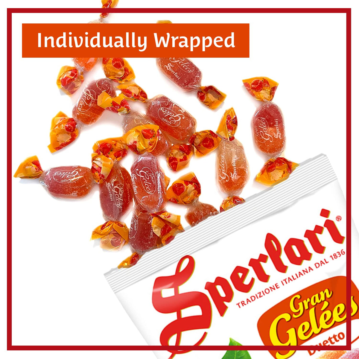 Sperlari Gran Duetto peach-orange jelly close-up, soft chewy fruit bite.