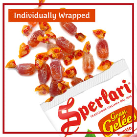 Sperlari Gran Duetto peach-orange jelly close-up, soft chewy fruit bite.