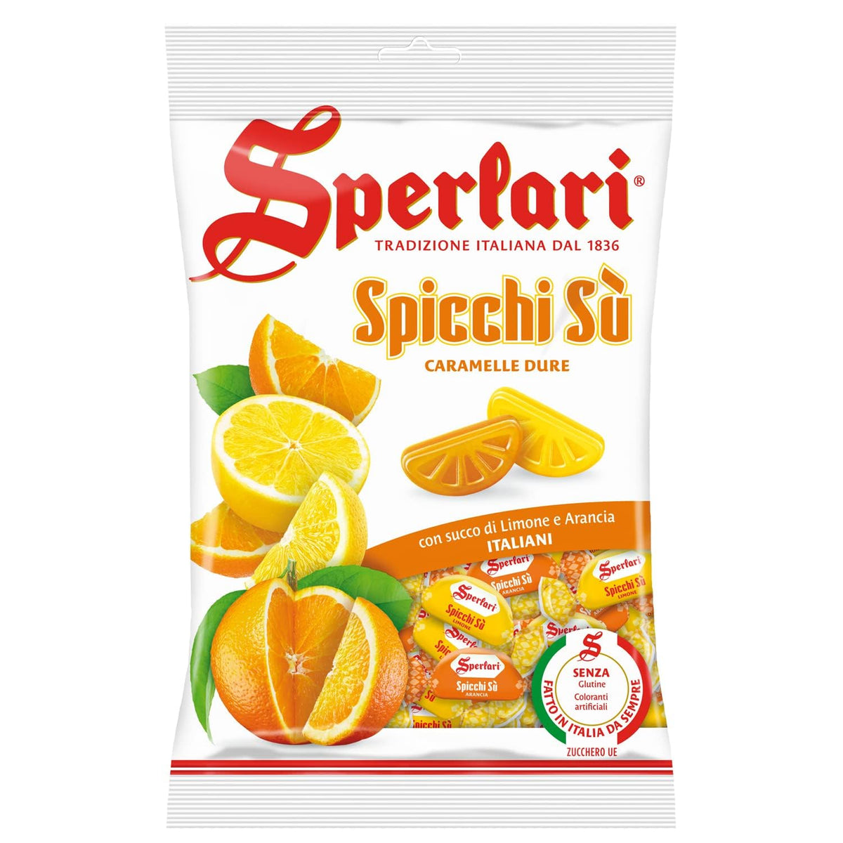 Sperlari Spicchi Su orange wedge candy close-up highlighting tangy citrus flavor.
