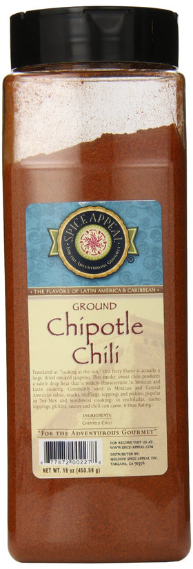Spice Appeal Chipotle Chili Ground bottle close-up, versatile seasoning for bold meals.
