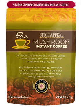 Spice Appeal Mushroom Instant Coffee bag shows seven superfoods for a balanced, energizing start.