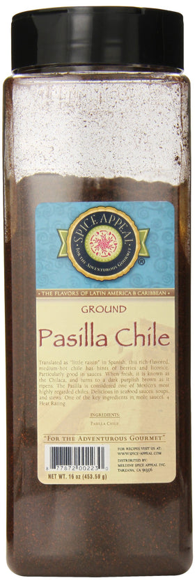 Spice Appeal Pasilla Chile Ground 16oz bottle adds rich flavor to sauces.