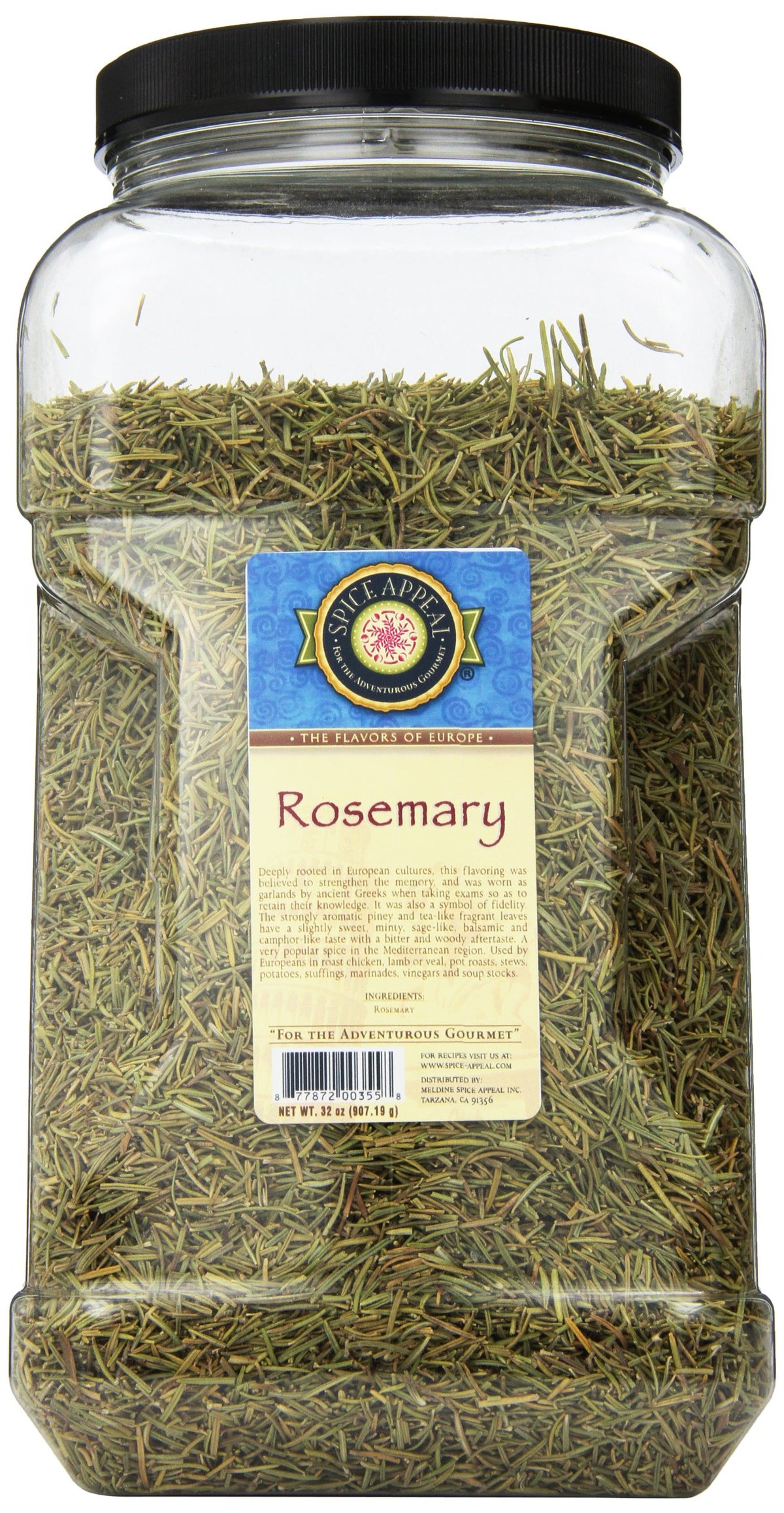 Spice Appeal Rosemary 2lb bulk bottle showing whole leaves for long-lasting aroma.