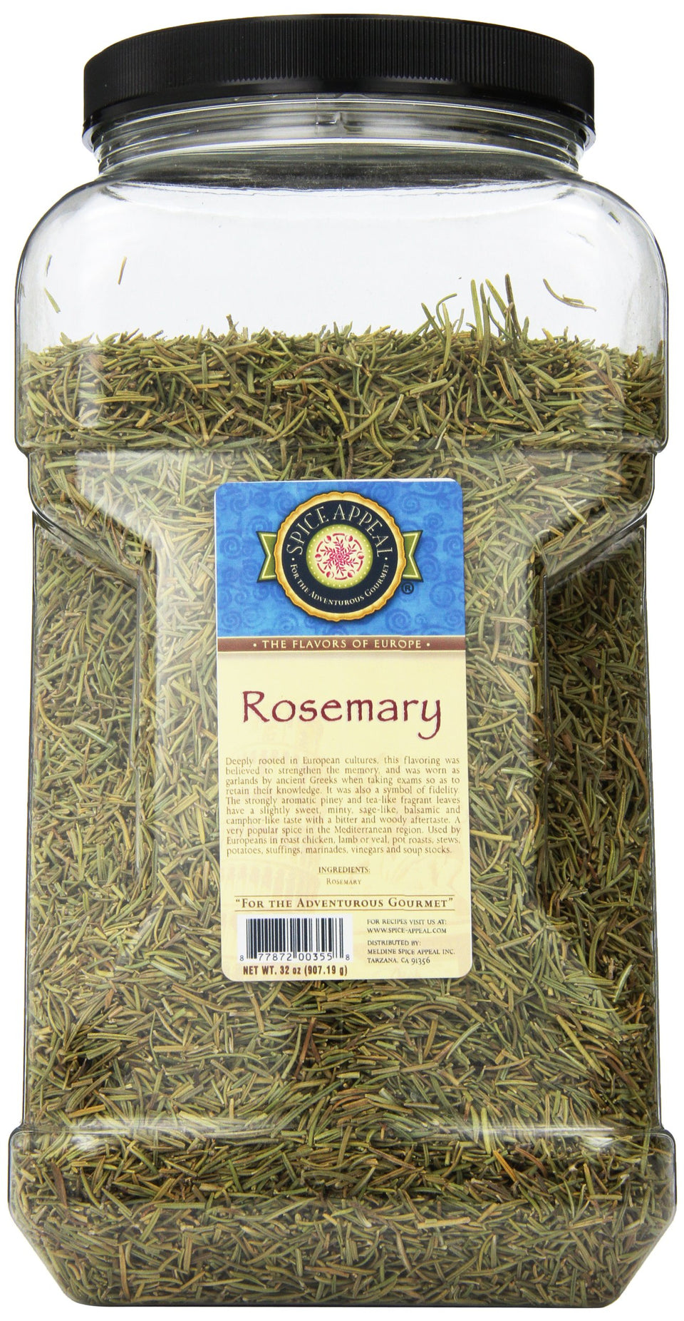 Spice Appeal Rosemary 2lb bulk bottle showing whole leaves for long-lasting aroma.