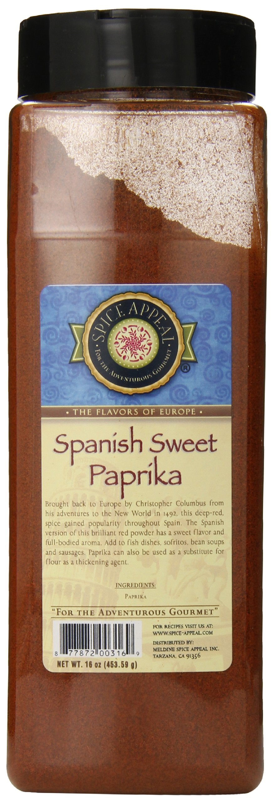 Spice Appeal Spanish Sweet Paprika bottle, vibrant color enhancer for paella and sauces.