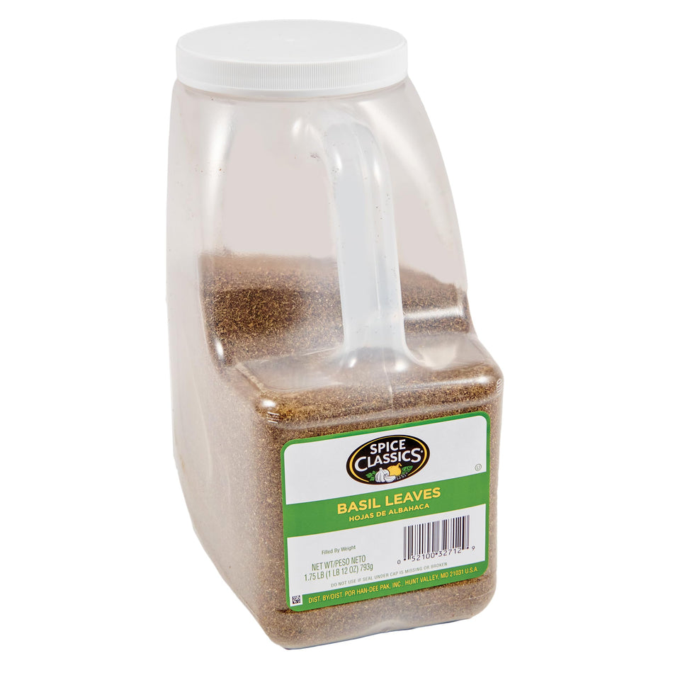 Spice Classics Dried Basil Leaves container shows bulk basil for professional kitchens.