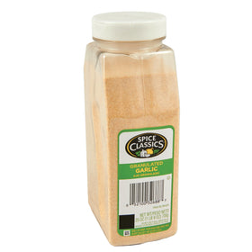 Spice Classics granulated garlic bottle shows bold flavor for versatile cooking.