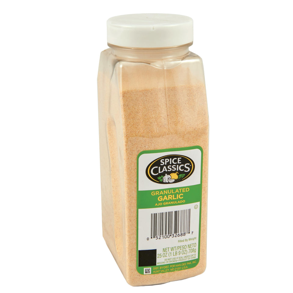 Spice Classics granulated garlic bottle shows bold flavor for versatile cooking.