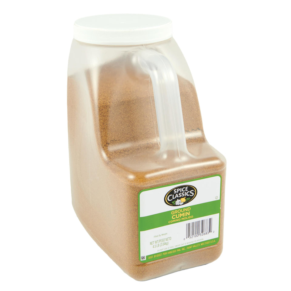 Spice Classics ground cumin in a 4-5lb container with a clear lid for easy measuring.