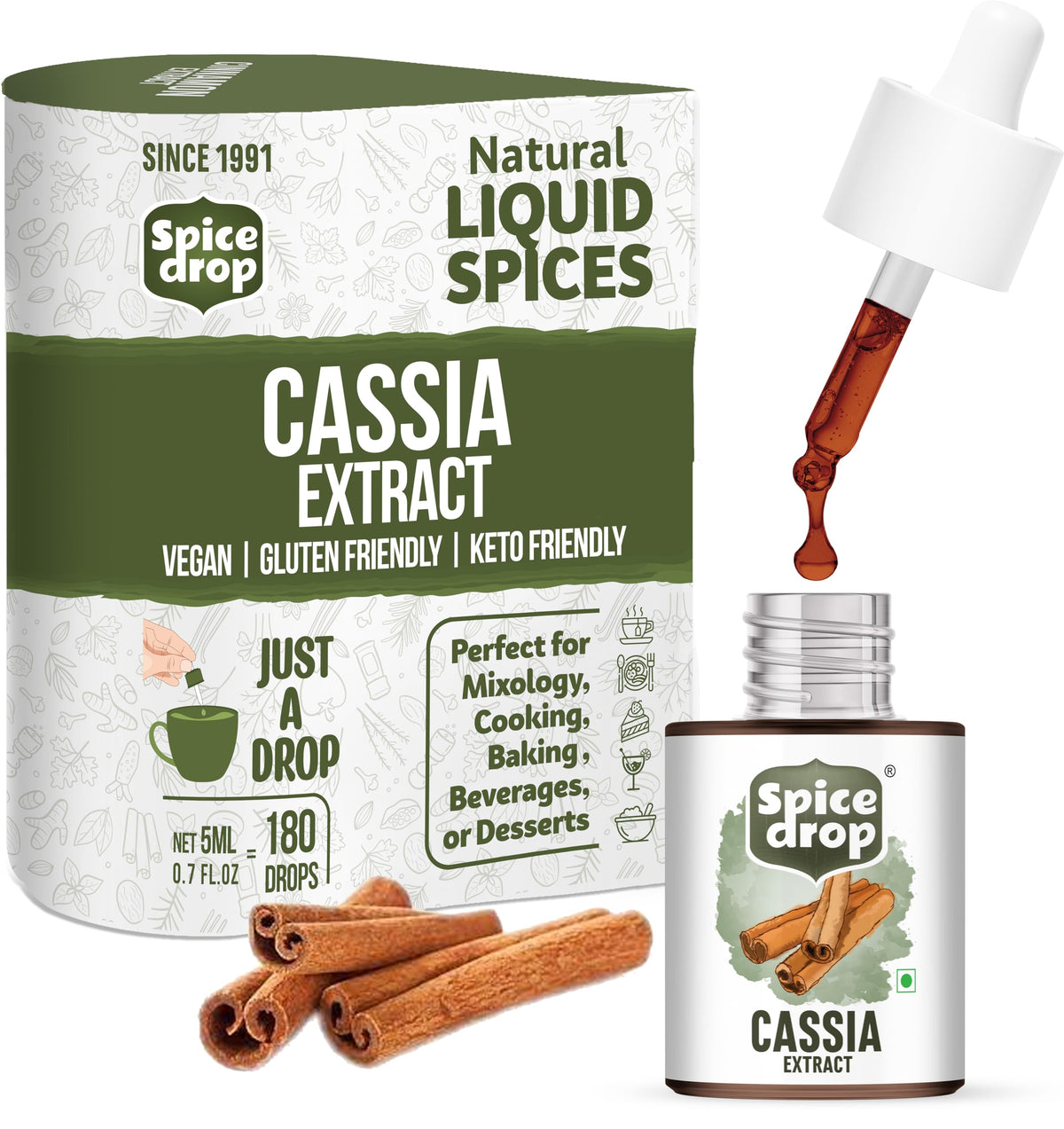 Spice Drop Cinnamon Cassia extract bottle close-up for rich flavor