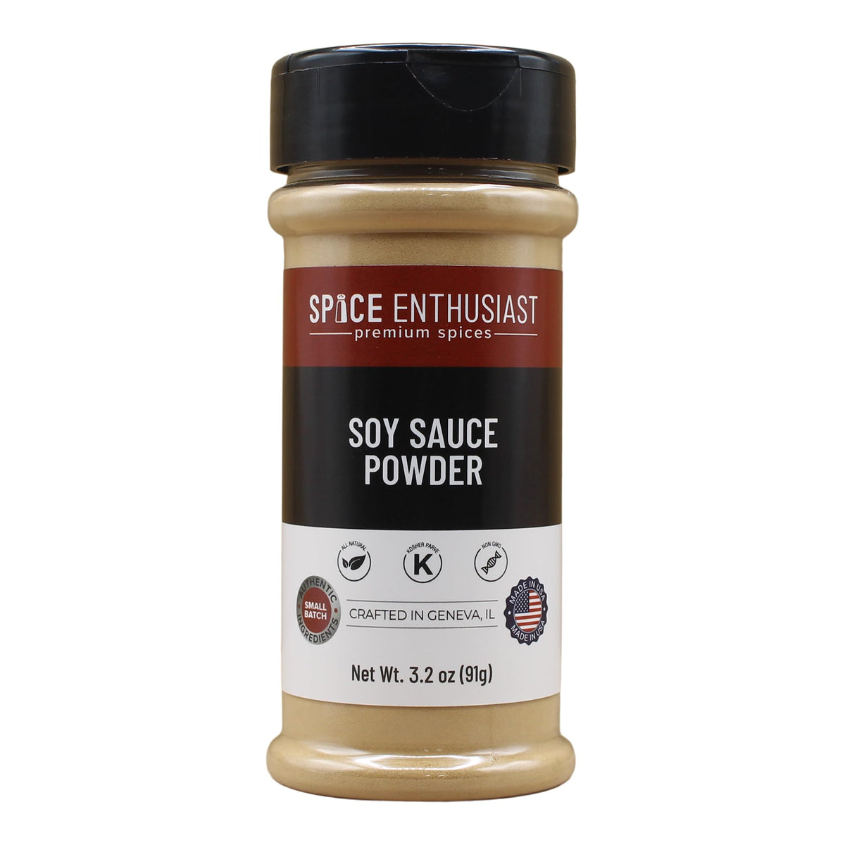 SPICE ENTHUSIAST Soy Sauce Powder jar closeup highlights natural ingredients and aroma