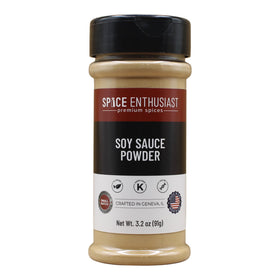 SPICE ENTHUSIAST Soy Sauce Powder jar closeup highlights natural ingredients and aroma