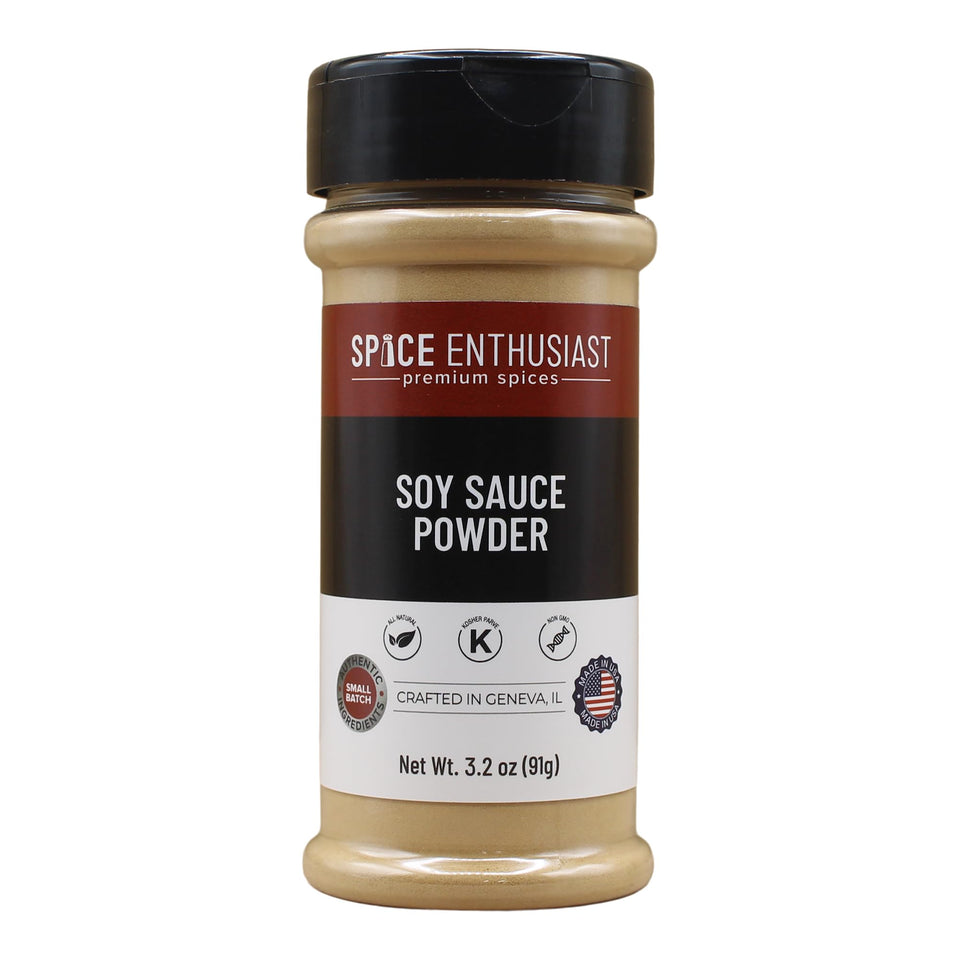SPICE ENTHUSIAST Soy Sauce Powder jar closeup highlights natural ingredients and aroma