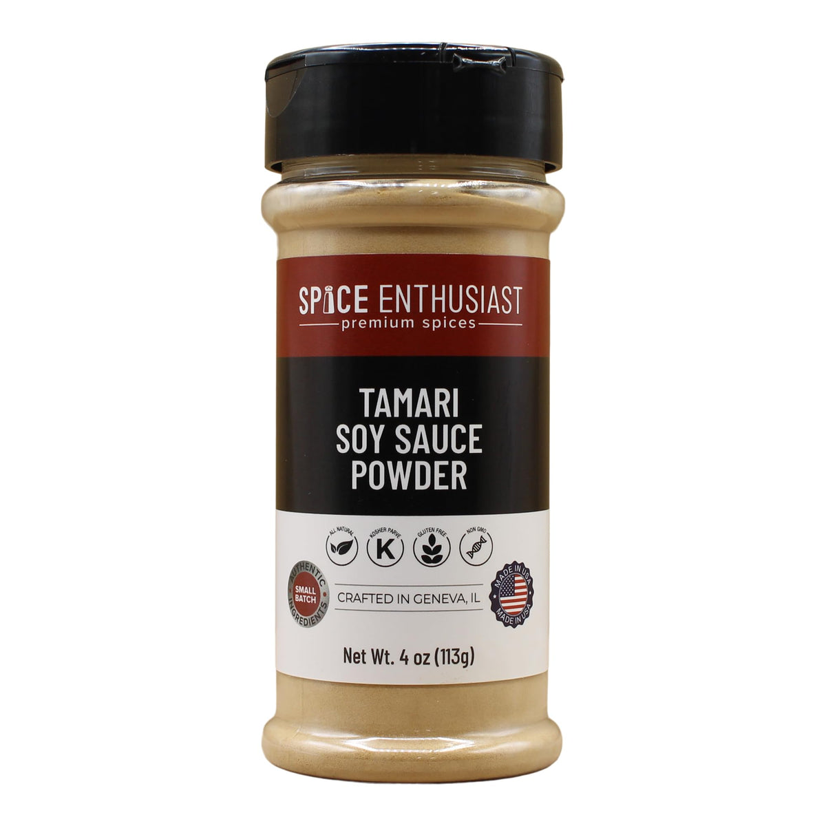 SPICE ENTHUSIAST Tamari Powder bottle close-up highlighting gluten-free umami seasoning