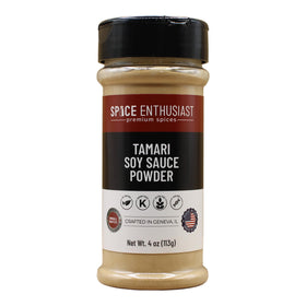 SPICE ENTHUSIAST Tamari Powder bottle close-up highlighting gluten-free umami seasoning