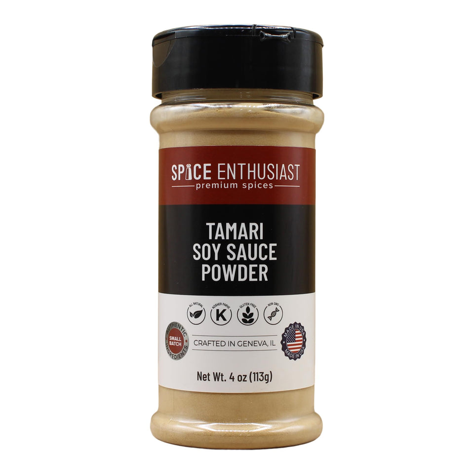 SPICE ENTHUSIAST Tamari Powder bottle close-up highlighting gluten-free umami seasoning