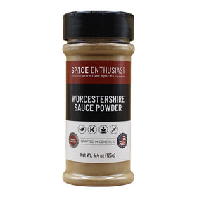 SPICE ENTHUSIAST Worcestershire Sauce Powder packaging signals premium pantry staple for quick flavor boosts.