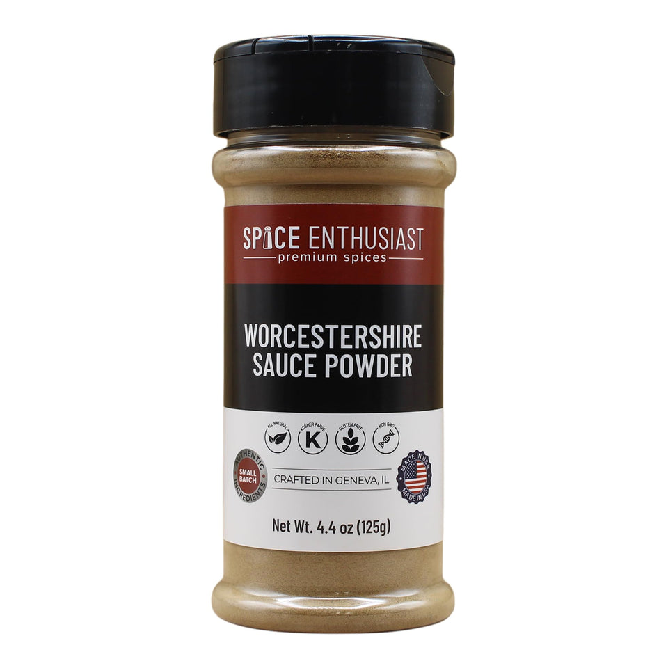 SPICE ENTHUSIAST Worcestershire Sauce Powder packaging signals premium pantry staple for quick flavor boosts.