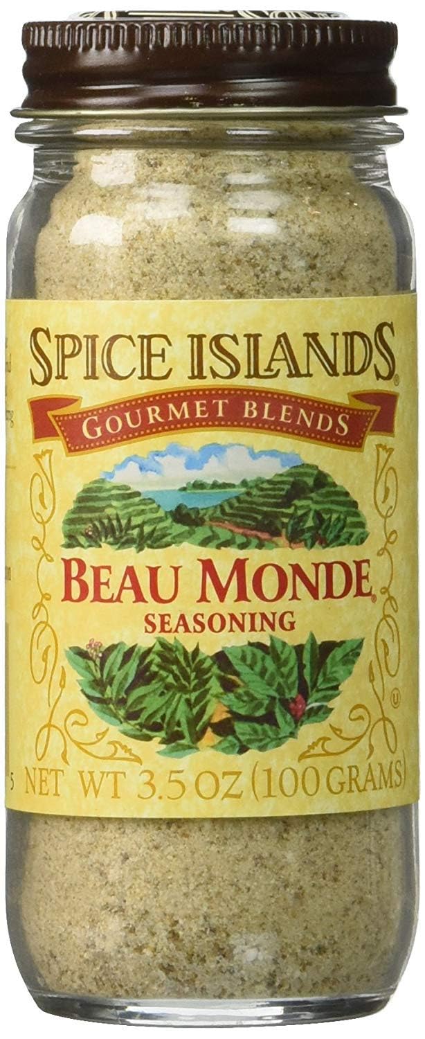 Spice Islands Beau Monde Seasoning bottle close-up ready to season meals with rich flavor