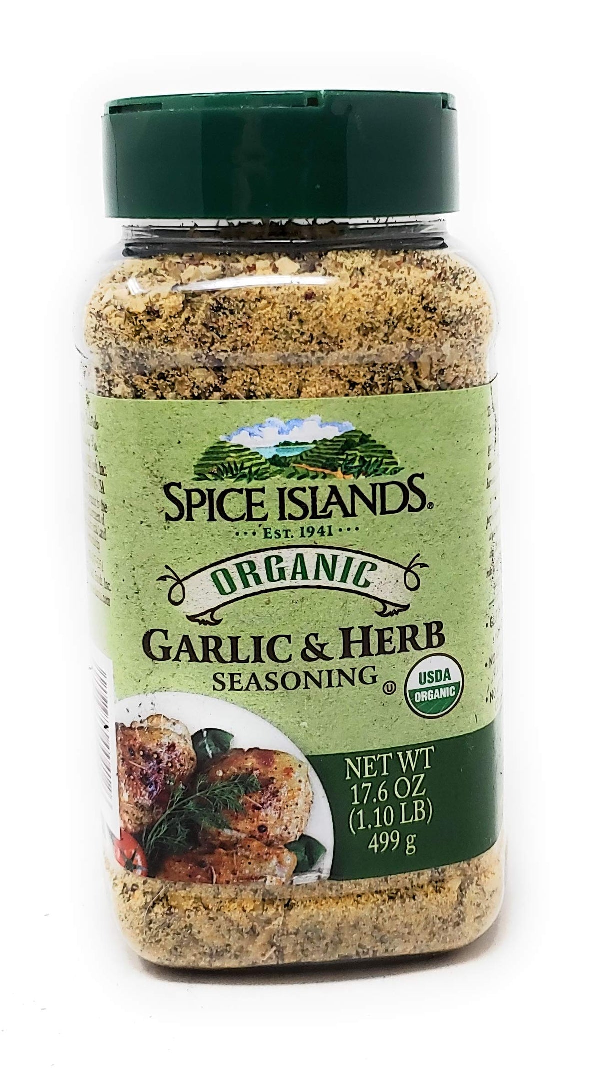 Spice Islands Organic Garlic and Herb Seasoning bottle provides an aromatic flavor booster for meals