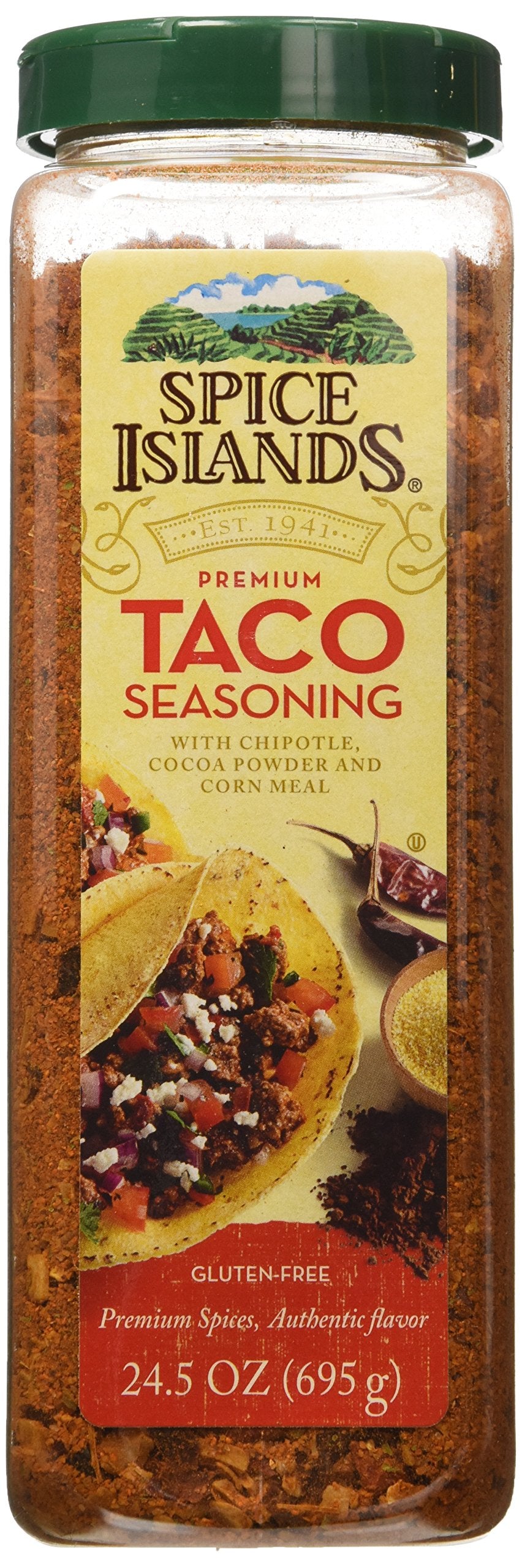 Spice Islands Premium Taco Seasoning bottle pour with chipotle cocoa flavor