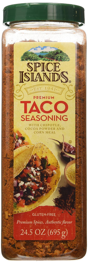 Spice Islands Premium Taco Seasoning bottle pour with chipotle cocoa flavor