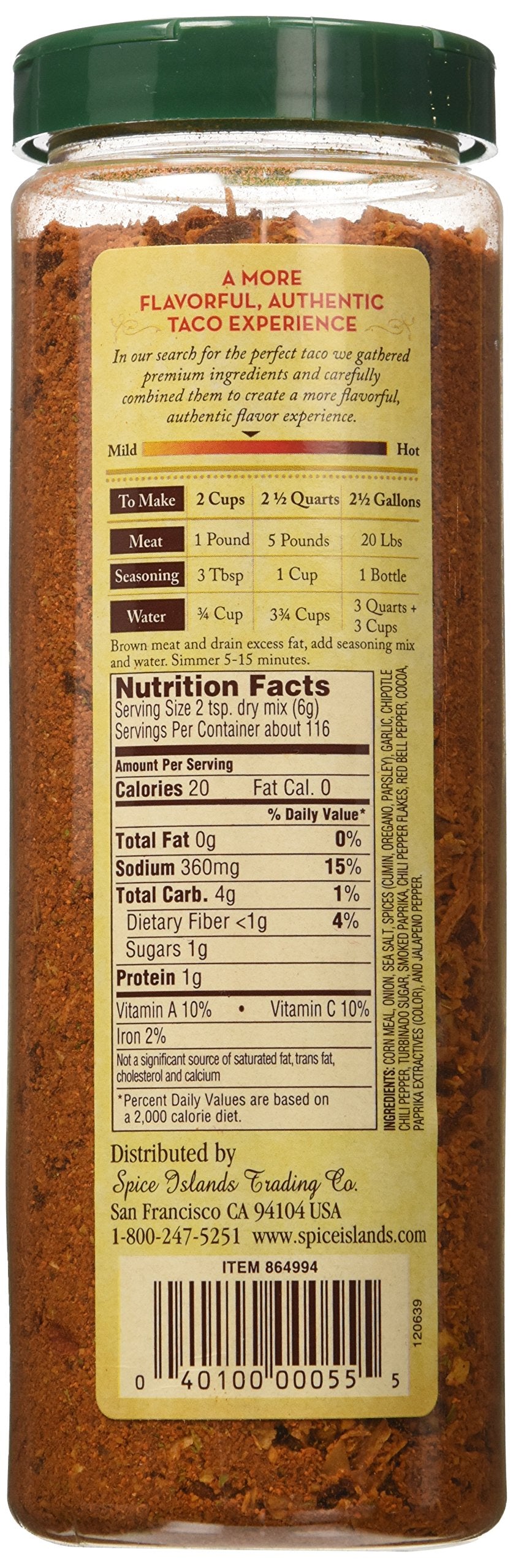 Spice Islands Premium Taco Seasoning jar closeup showing gluten-free blend for authentic tacos