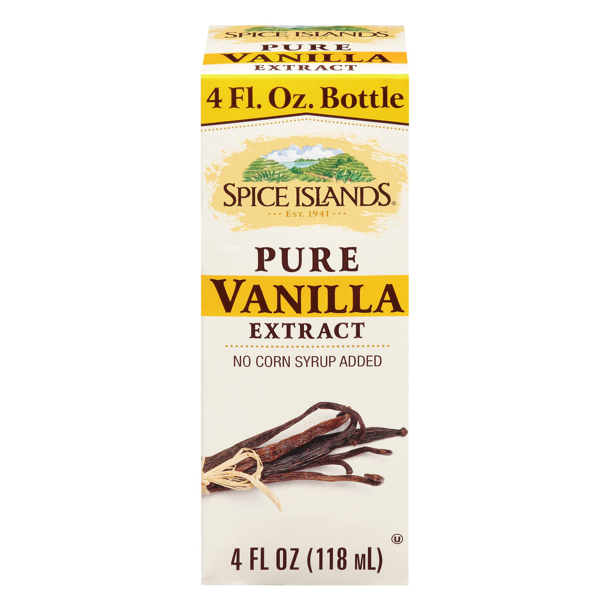 Spice Islands Pure Vanilla Extract bottle shows 4 oz size, perfect for baking.