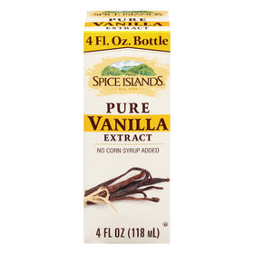 Spice Islands Pure Vanilla Extract bottle shows 4 oz size, perfect for baking.