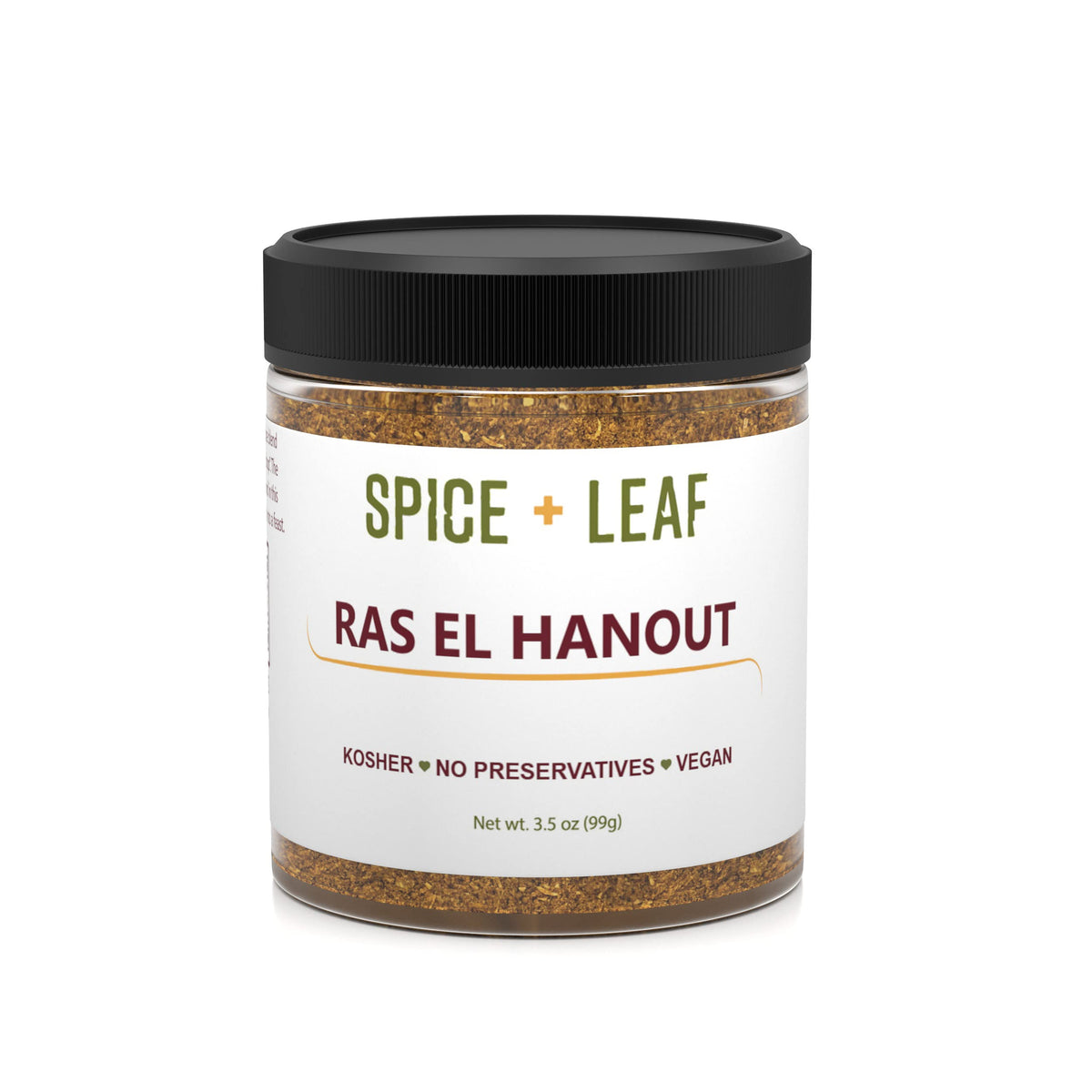 SPICE + LEAF Ras El Hanout bottle showcases premium Moroccan blend aroma and flavor potential.