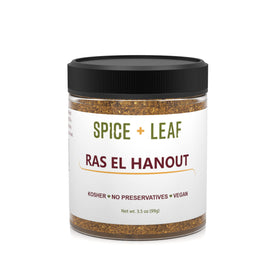 SPICE + LEAF Ras El Hanout bottle showcases premium Moroccan blend aroma and flavor potential.