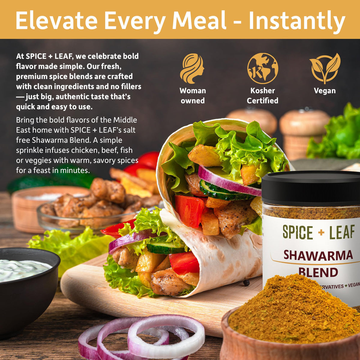 Close-up of SPICE + LEAF Shawarma blend with cumin, coriander, and sumac aroma.