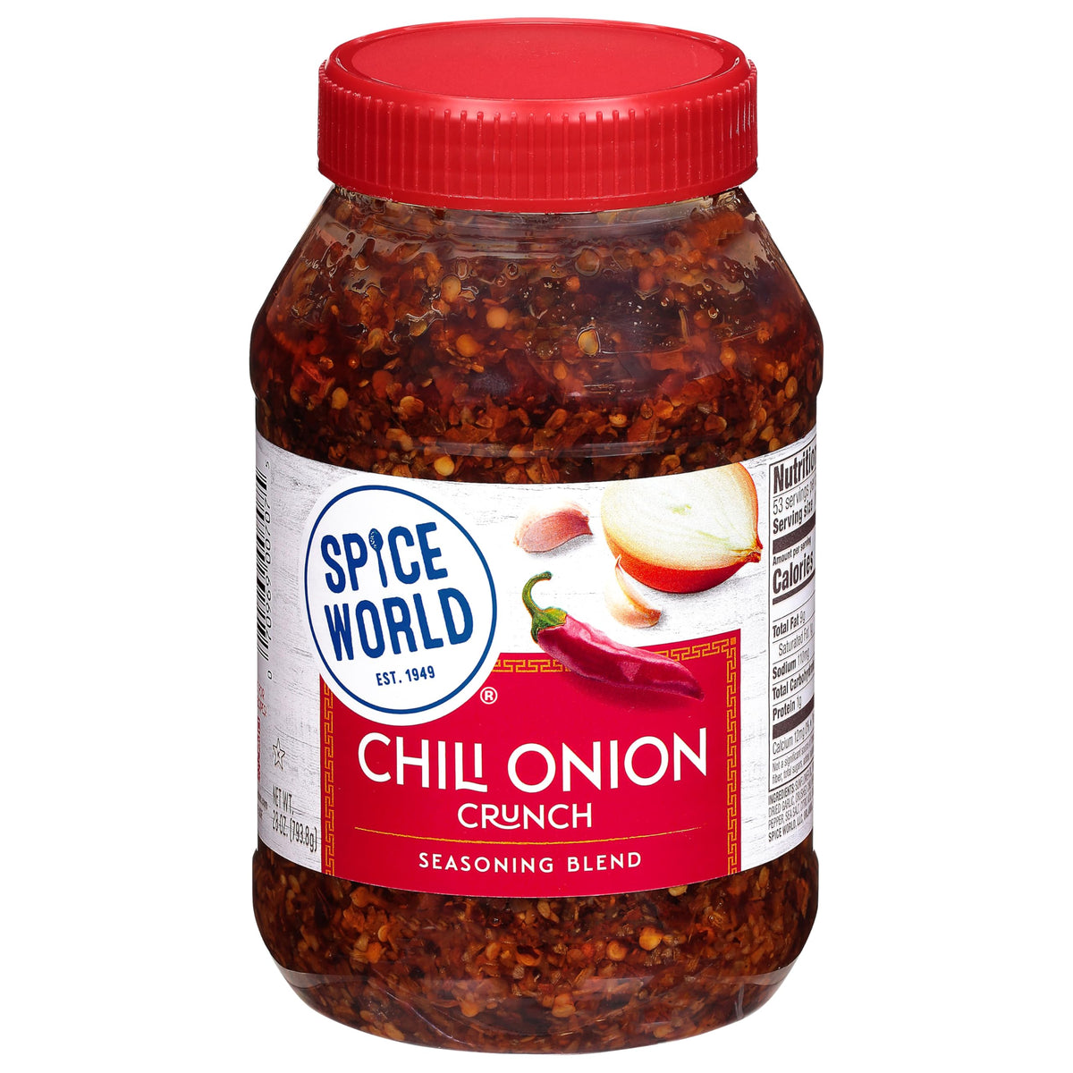Spice World Chili Onion Crunch bottle closeup for quick meals.