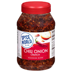 Spice World Chili Onion Crunch bottle closeup for quick meals.