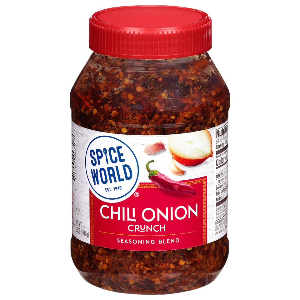 Spice World Chili Onion Crunch bottle closeup for quick meals.