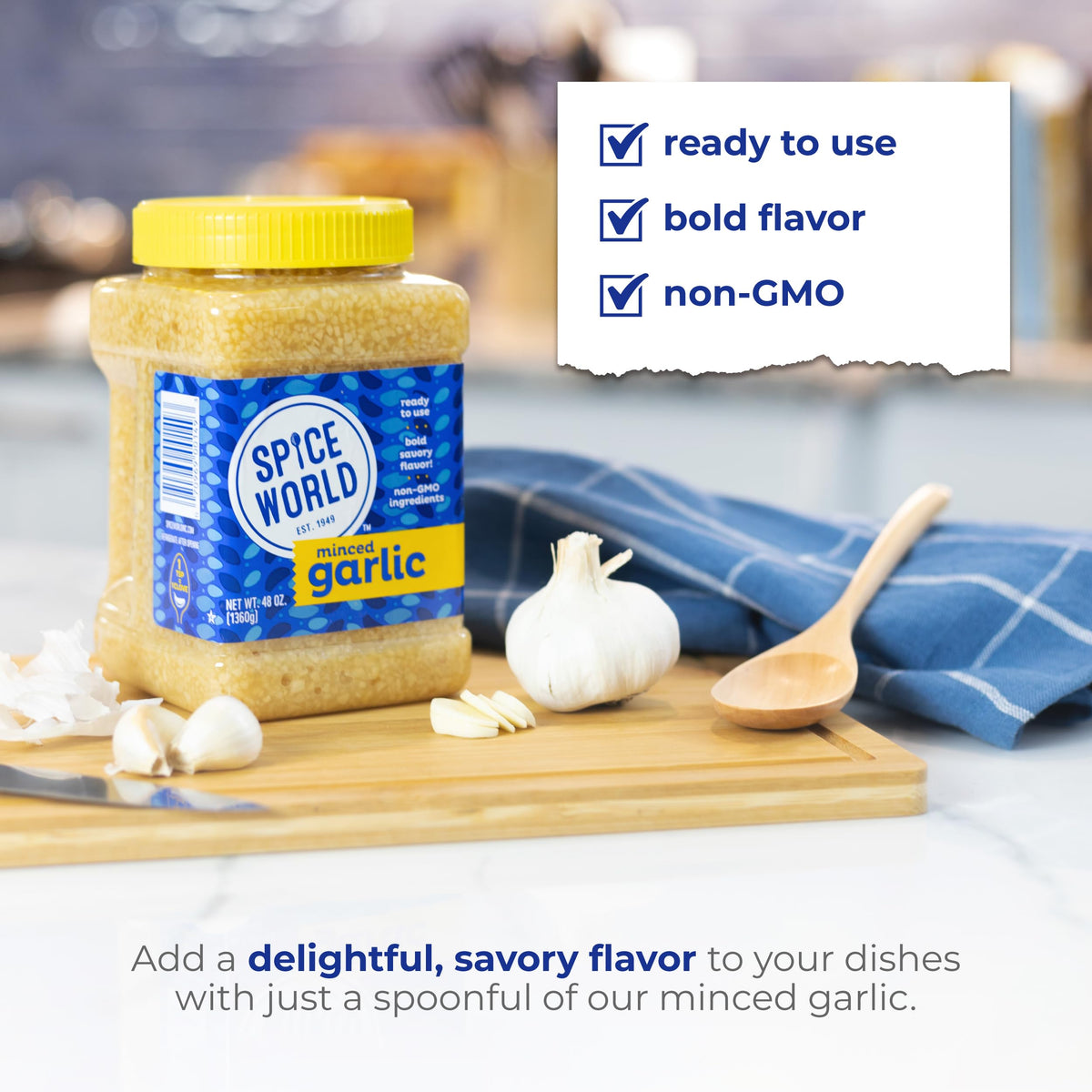 Spice World Minced Garlic garlic bread ready-to-use seasoning for home cooks.