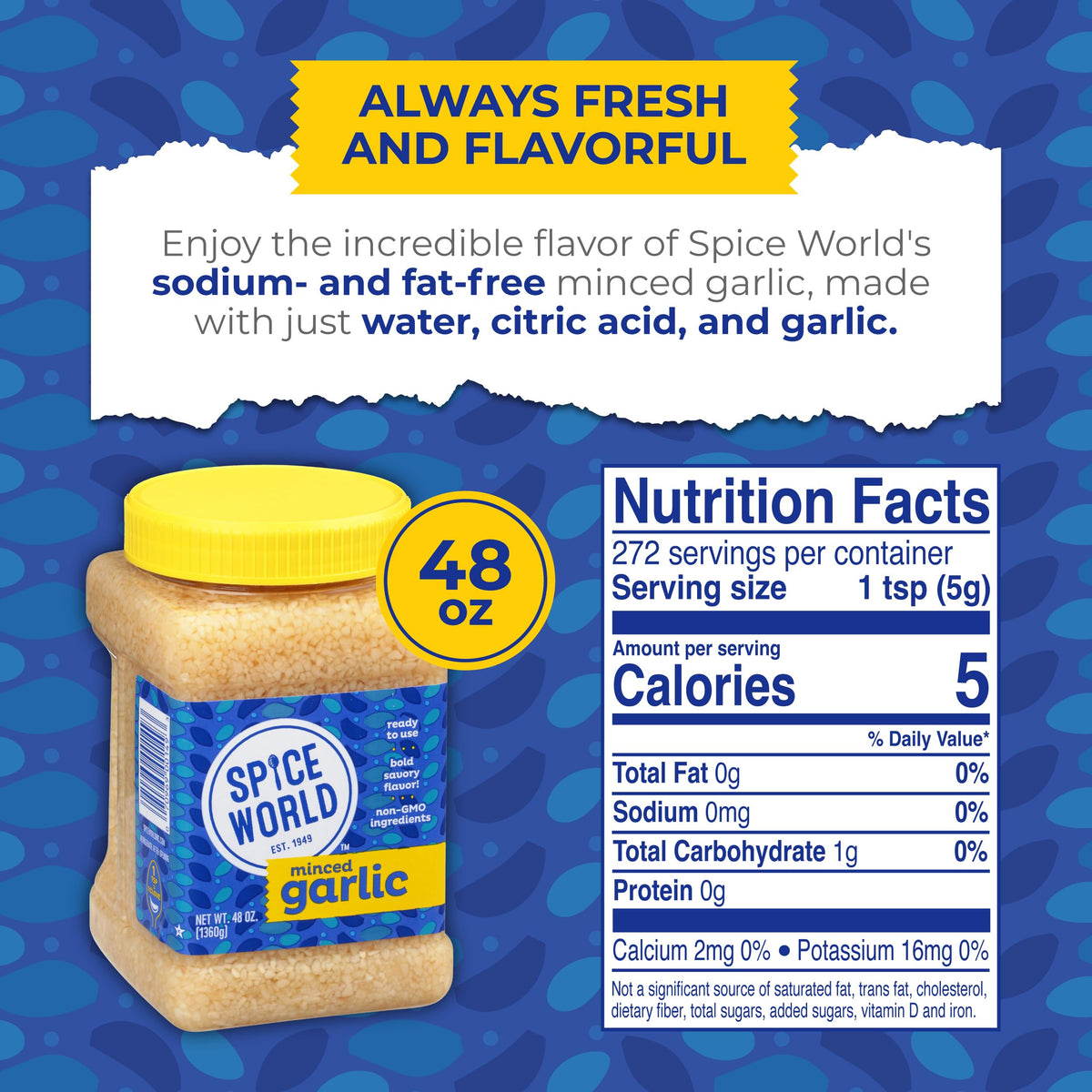 Spice World Minced Garlic bulk container keeps flavor on hand for versatile meals.