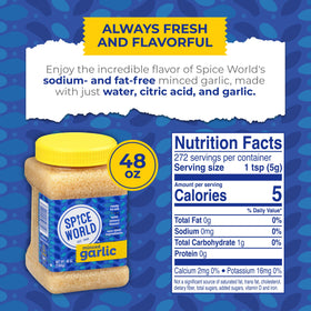 Spice World Minced Garlic bulk container keeps flavor on hand for versatile meals.