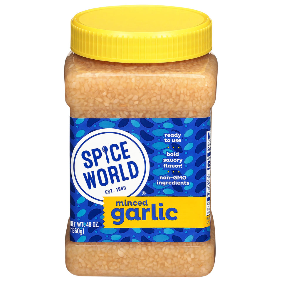 Spice World Minced Garlic jar ready-to-use flavor for quick weeknight meals.
