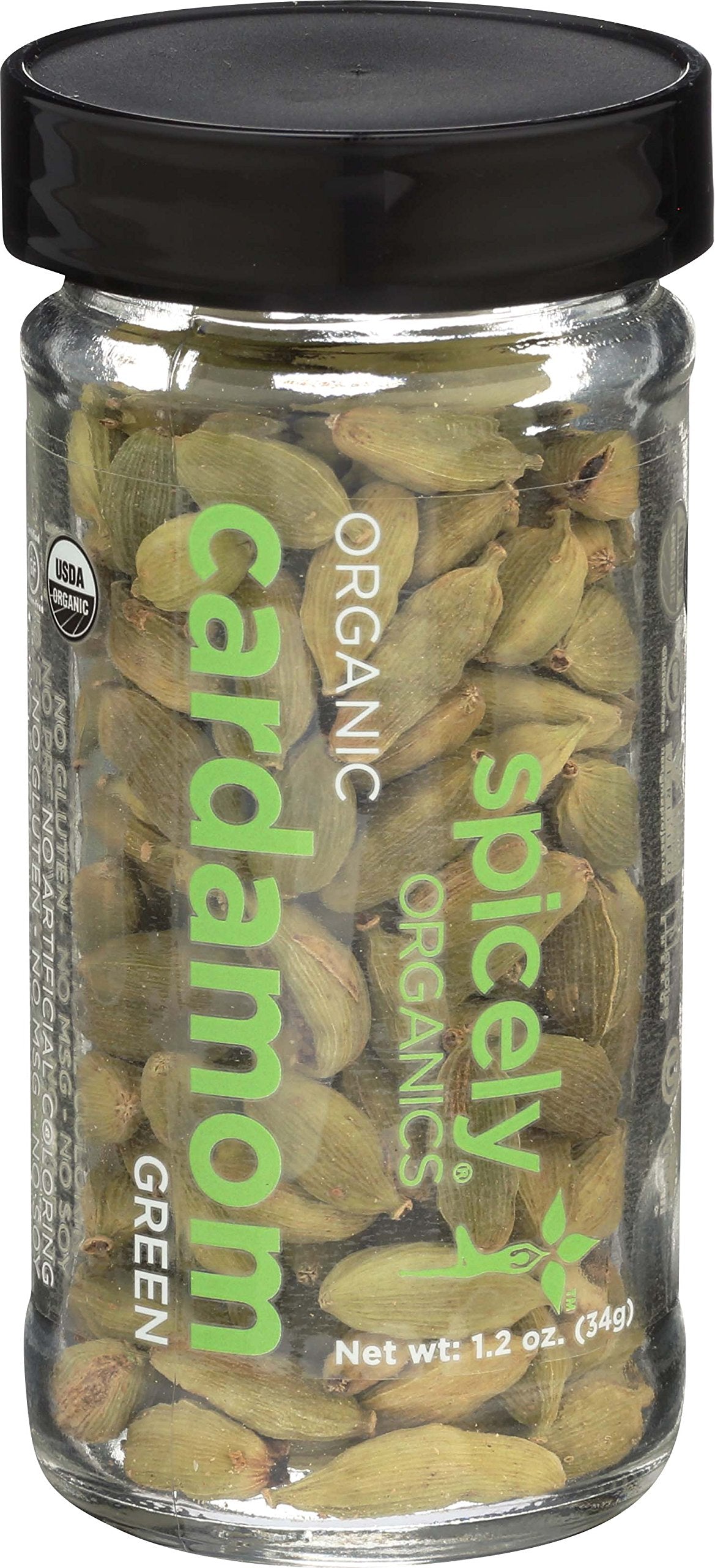 SPICELY Cardamom pods in a green jar, fresh aroma ready to elevate recipes.
