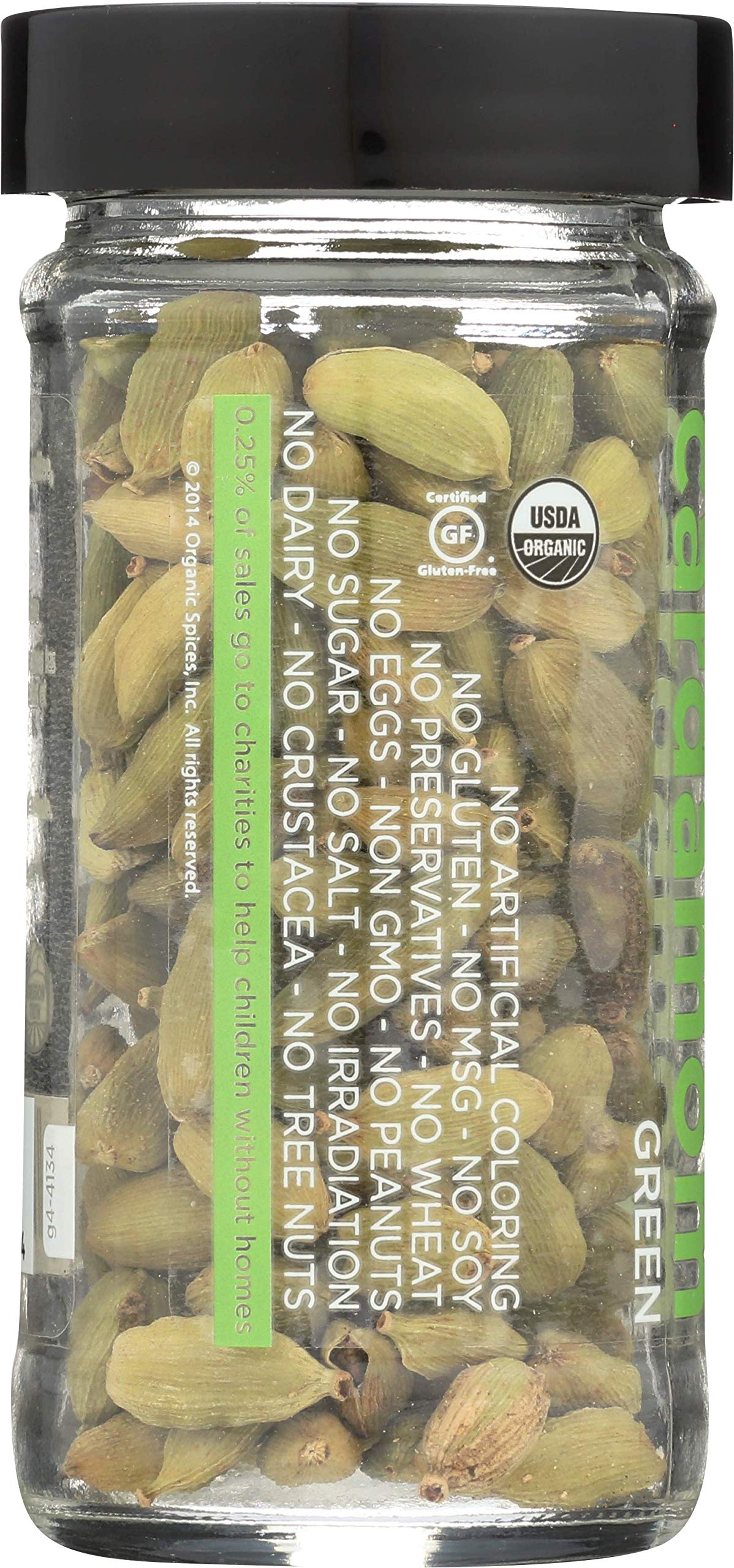 SPICELY Cardamom pods label on jar, gluten-free and organic certification visible.