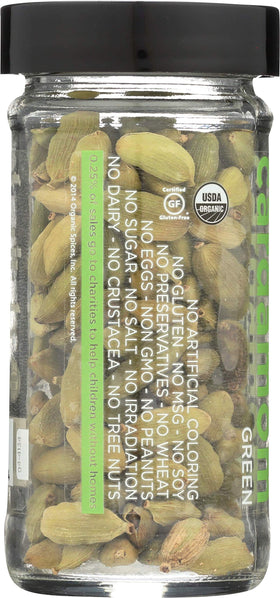 SPICELY Cardamom pods label on jar, gluten-free and organic certification visible.