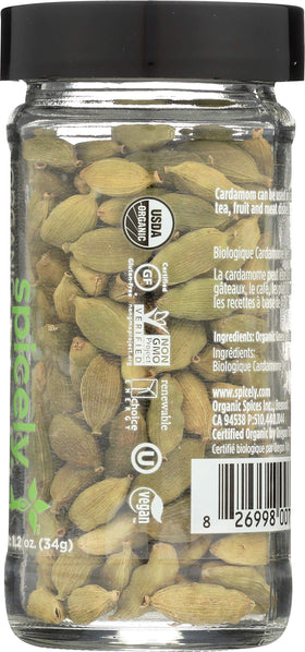 SPICELY Cardamom pods closeup shows vibrant green seeds and plump pods.