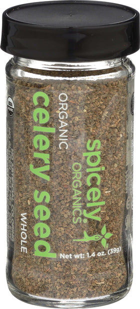 SPICELY Celery Seeds jar front highlights organic freshness ideal for savory dishes.