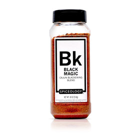 Spiceology Black Magic Cajun Blackening Seasoning bottle for bold crust on proteins.