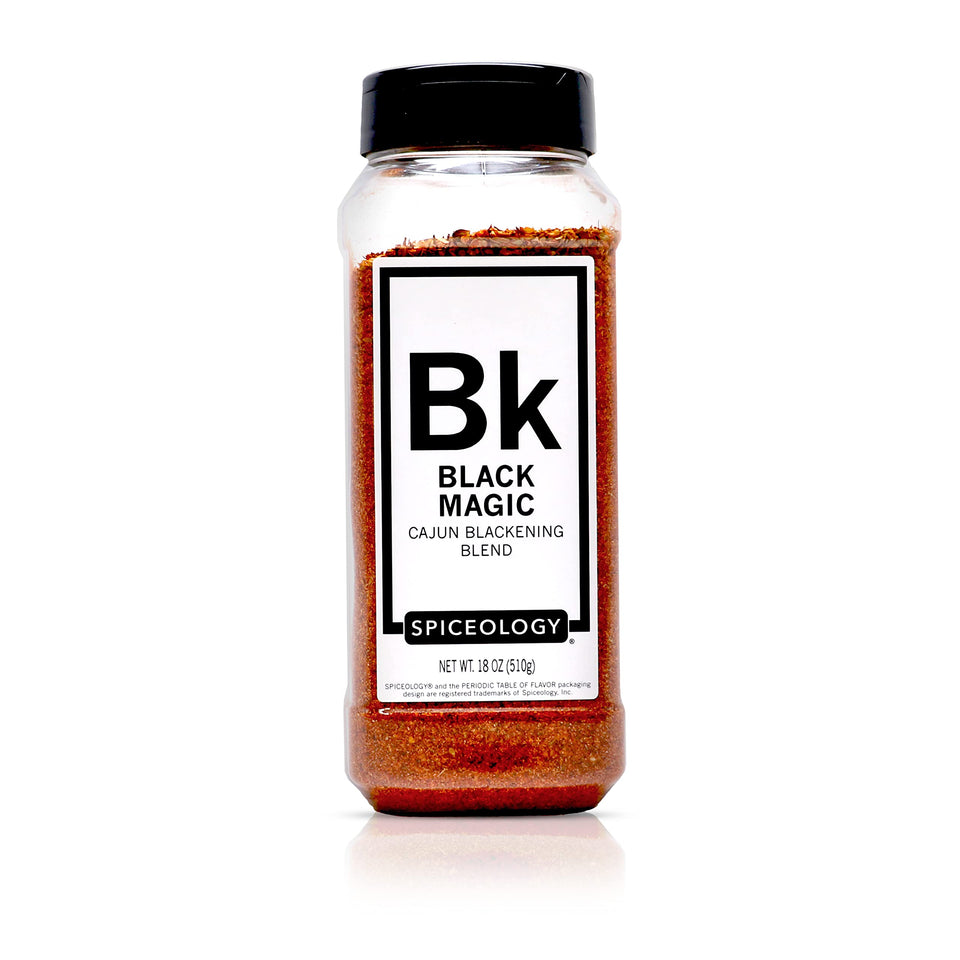 Spiceology Black Magic Cajun Blackening Seasoning bottle for bold crust on proteins.