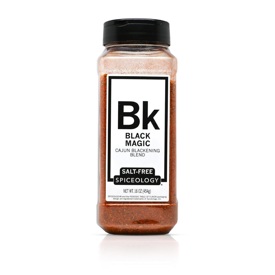 Spiceology Black Magic jar close-up, salt-free Cajun blend for bold flavor and versatility