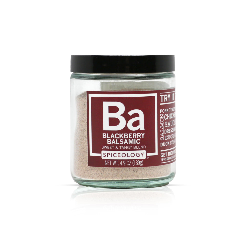 Spiceology Blackberry Balsamic Seasoning jar front showing sweet-tart flavor.