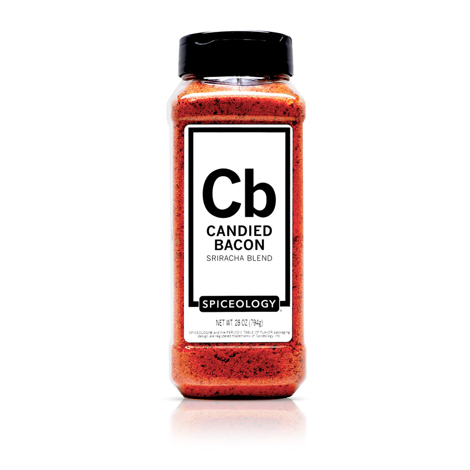 Spiceology Candied Bacon Sriracha Spice Blend jar for bold, versatile cooking.